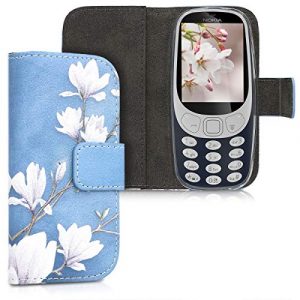 kwmobile Wallet Case for Nokia 3310 3G 2017 / 4G 2018 – PU Leather Protective Flip Cover with Card Slots and Stand – Taupe/White/Blue Grey